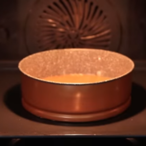 The image shows the process of baking dulce de leche cake
