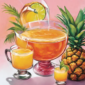 This image shows a punch bowl, combine pineapple juice, orange juice, 151 proof rum, dark rum, coconut-flavored rum, lime juice, and grenadine syrup