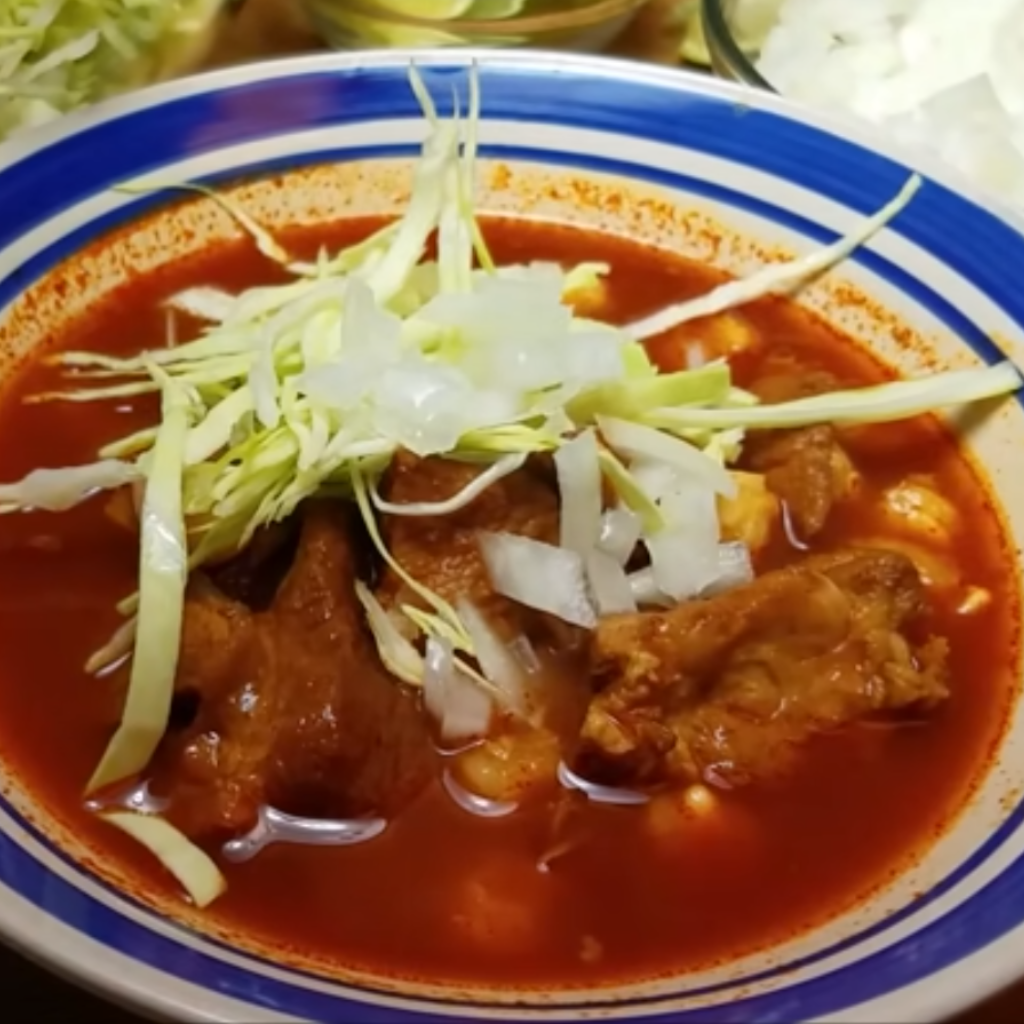 This image shows pozole served in a bowl  