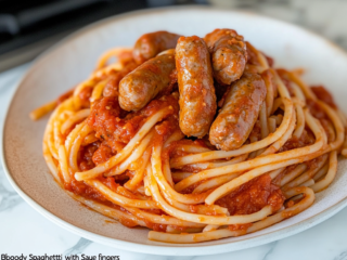 Halloween Bloody Spaghetti with Sausage Fingers